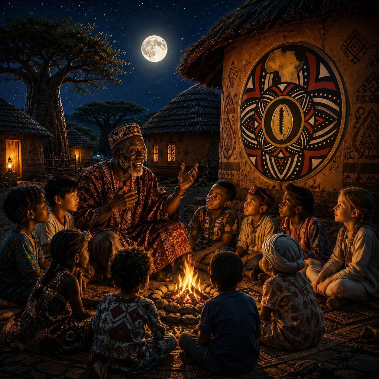 An elderly griot telling stories to children from many backgrounds around a village fire under the full moon